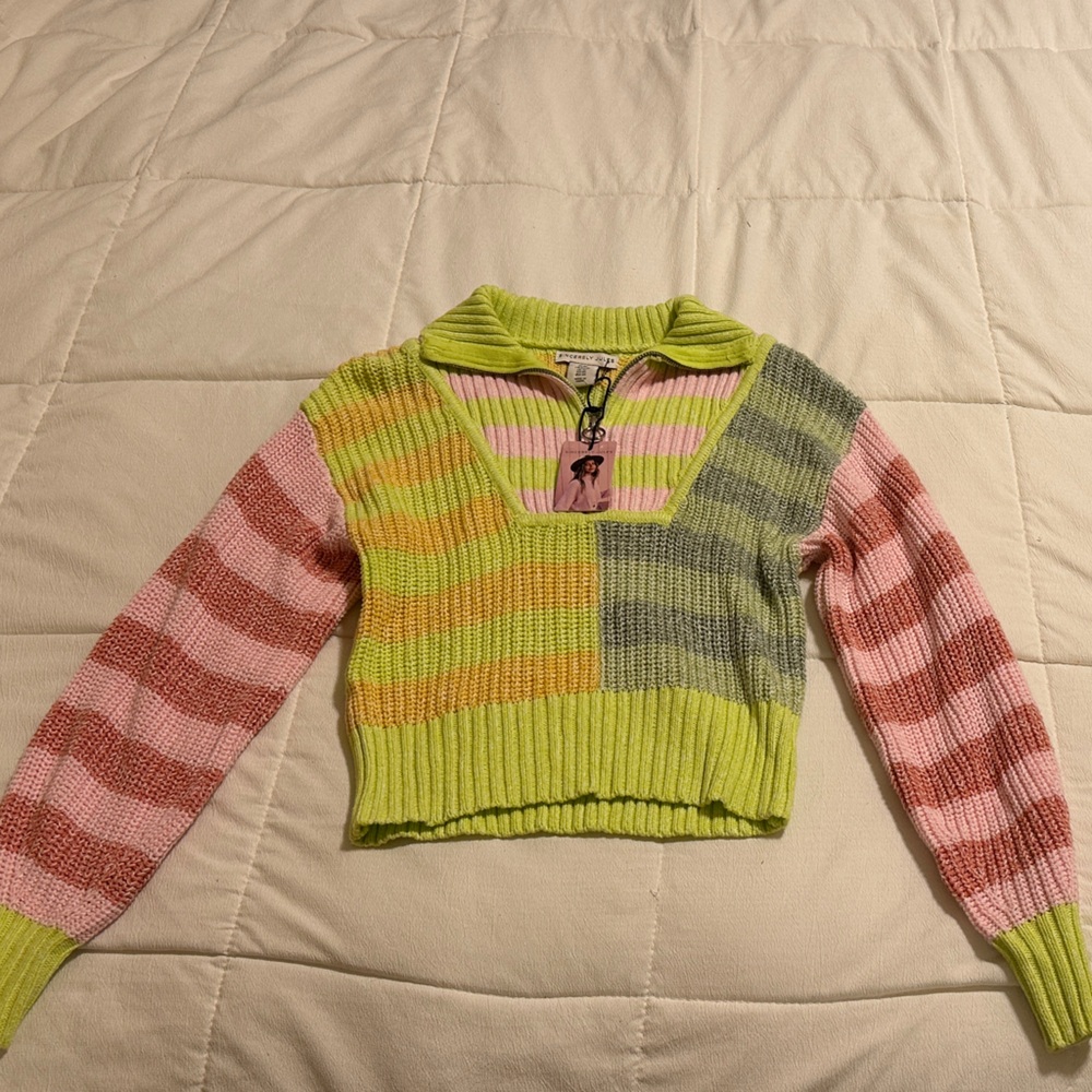 Sincerely Jules V-Neck Sweater in Pink, Green, and Gray Stripes